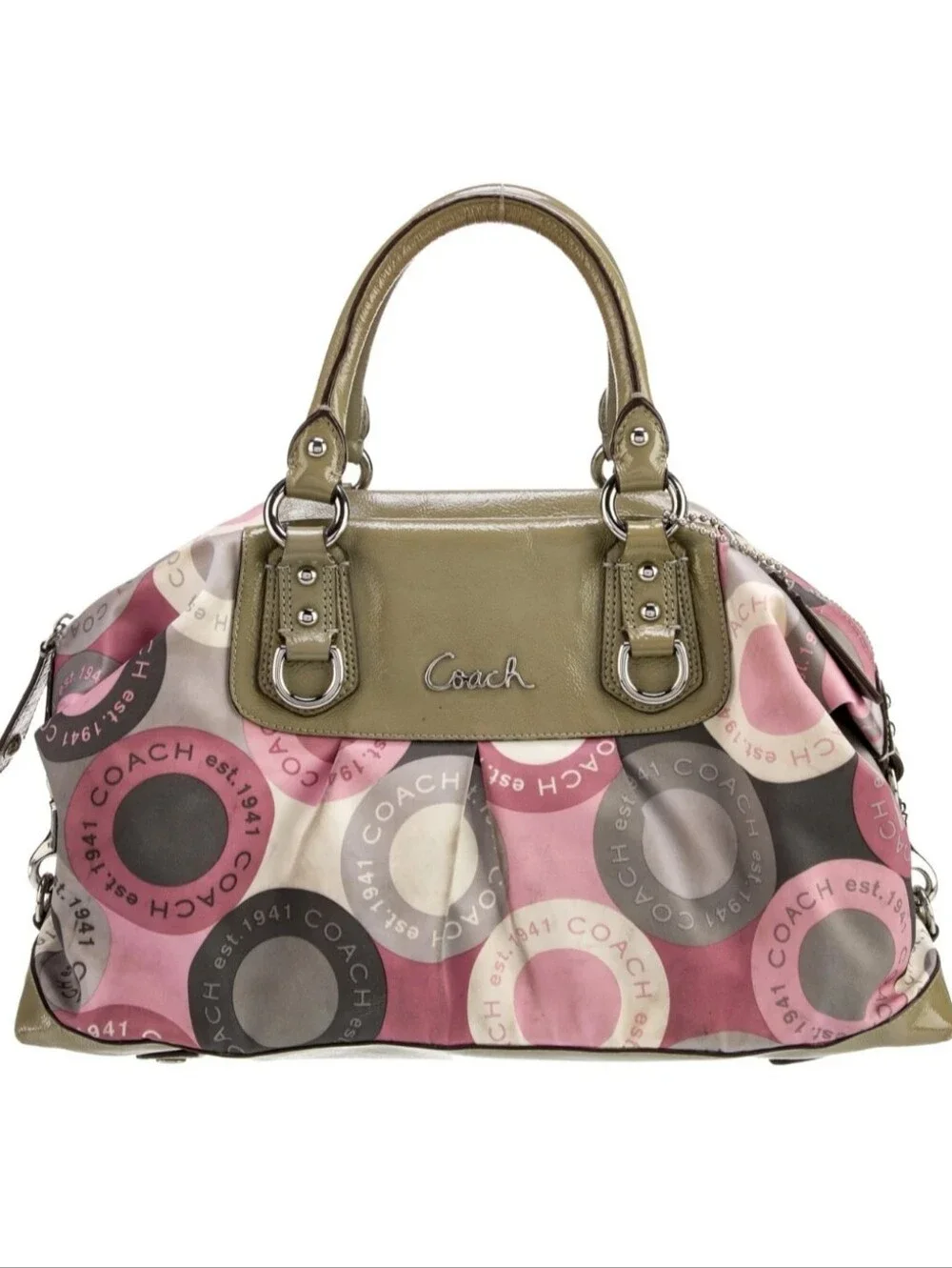 Coach Ashley Snaphead Satchel W/Pink & Olive Circle-Print Satin & Patent Trim - Picture 2 of 16